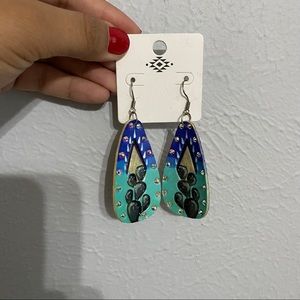 Blue and Turquoise Leather Painted Cactus Earrings